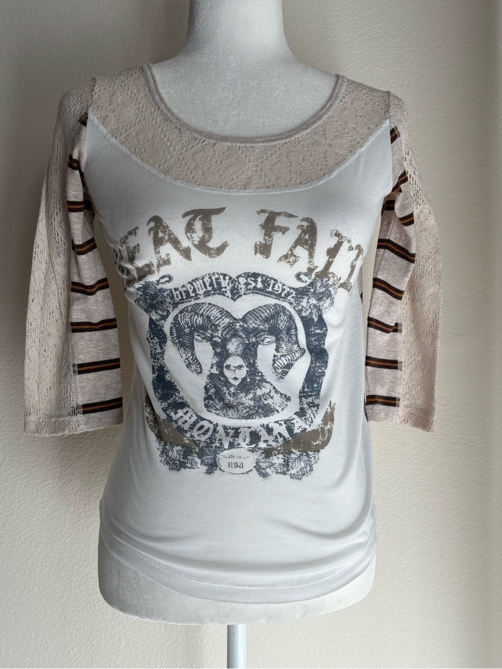 Free People We The Free Beige Lace Graphic Long Sleeve Tee